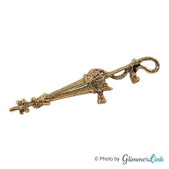 Vintage Umbrella Parasol Gold Tone Bar Brooch Pin - Picture 1 of 9